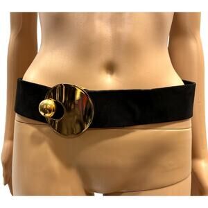 Vintage 80s Wide Black Kid Suede Belt Gold Sculptural Buckle